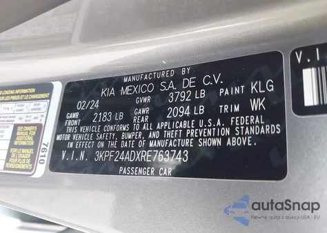 2024 Kia Forte Lxs z USA, uszkodzony, nr VIN 3KPF24ADXRE763743
